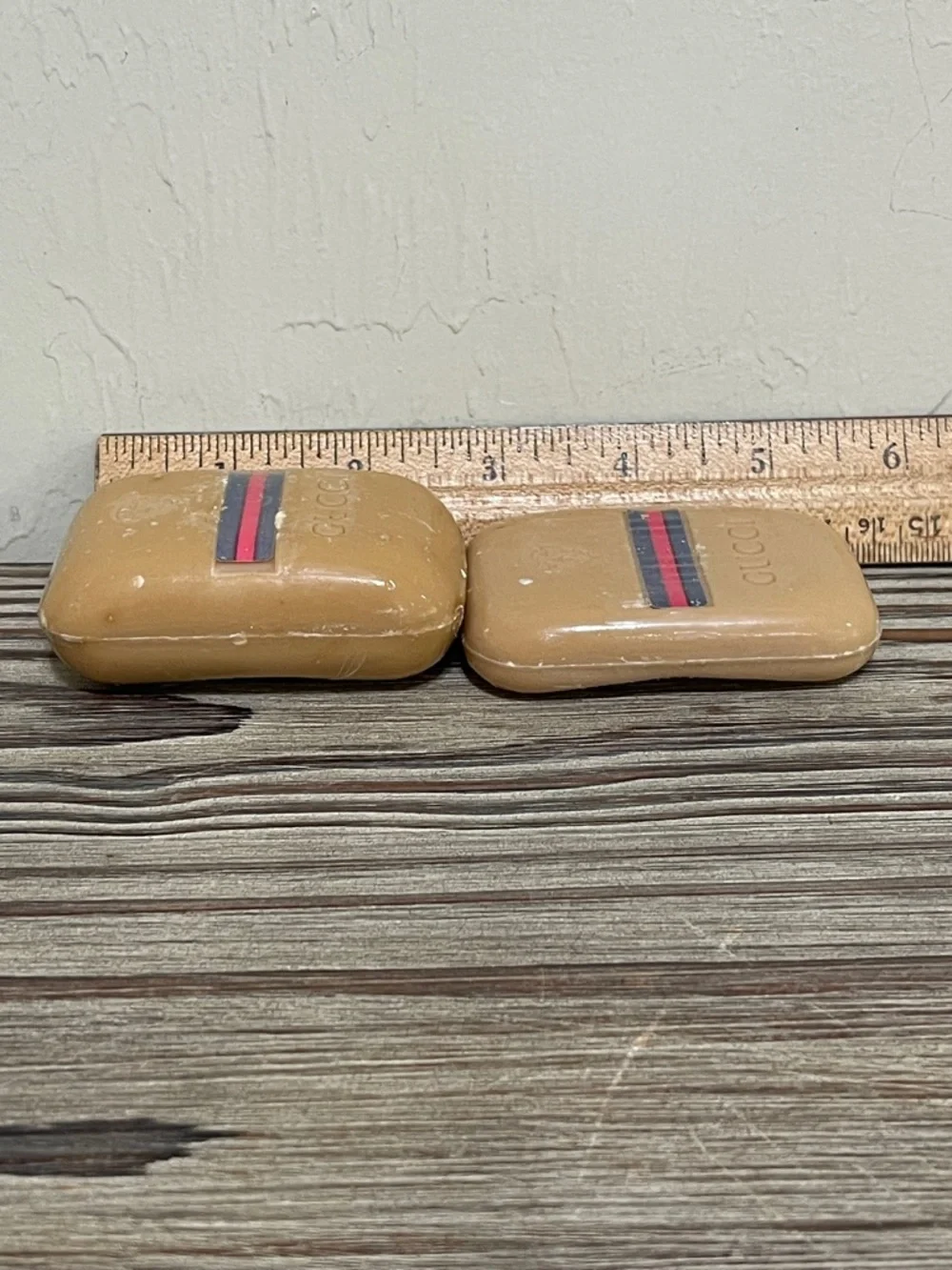 Vintage 70s Gucci Soap Bars Set of 2 Logo Embossed Tan New in Original Packaging